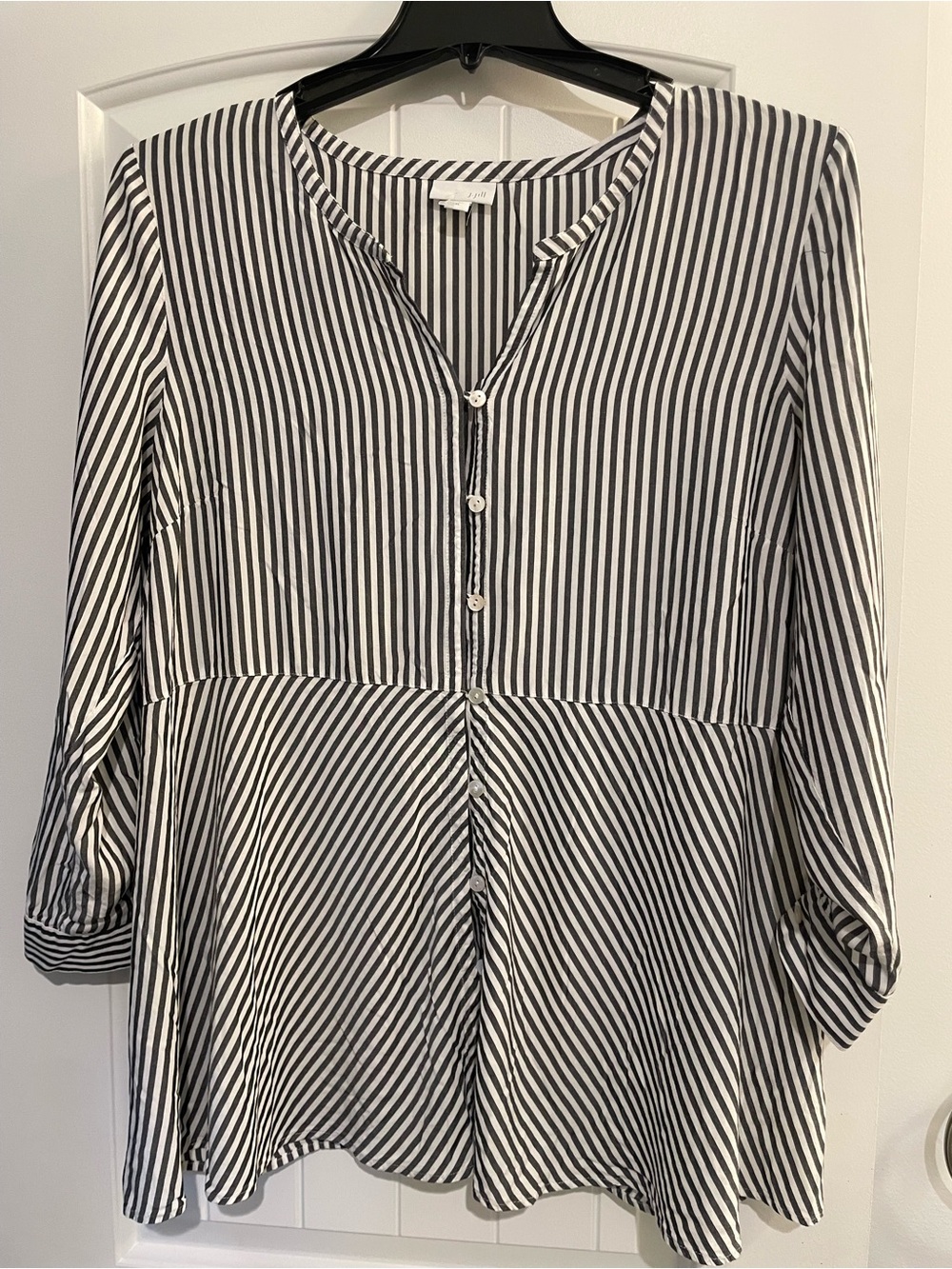 J. Jill Black and White Striped Button-Front Peplum Tunic. 100% Rayon. XL.